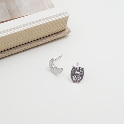 Owl And Moon Stud Earring In Silver | Minimalist..