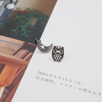 Owl And Moon Stud Earring In Silver | Minimalist..