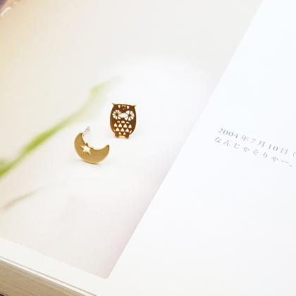 Owl And Moon Stud Earring In Gold | Minimalist..