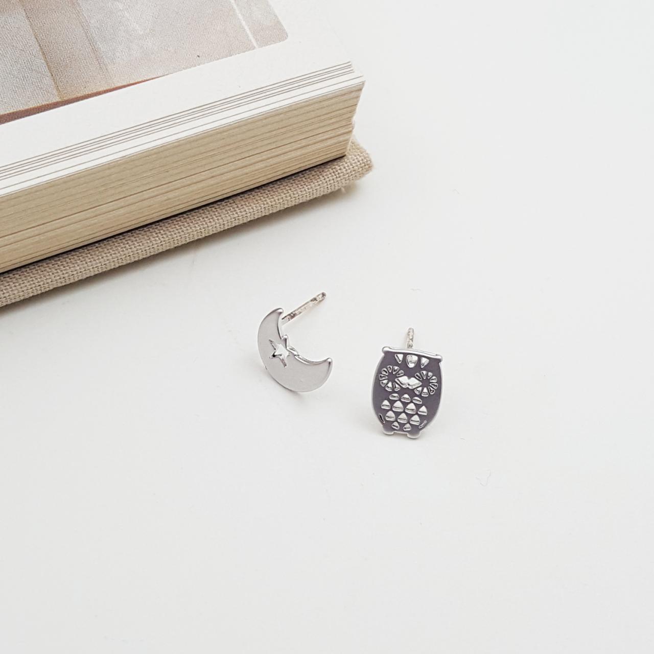 Owl And Moon Stud Earring In Silver | Minimalist Animal Jewelry